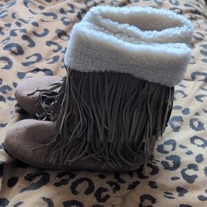 Candie's Taupe Fringe Sherpa Cuff Boot Slippers